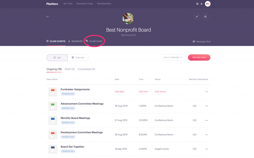 PlanHero nonprofit board management club chat