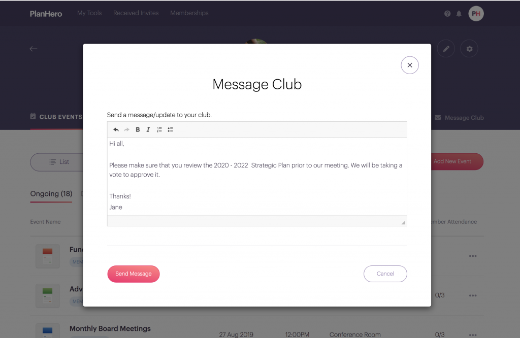 PlanHero Nonprofit board management Messaging