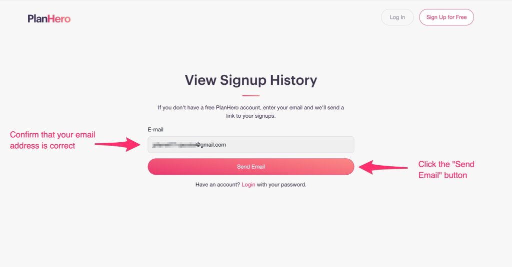 click send email for editing planhero signups