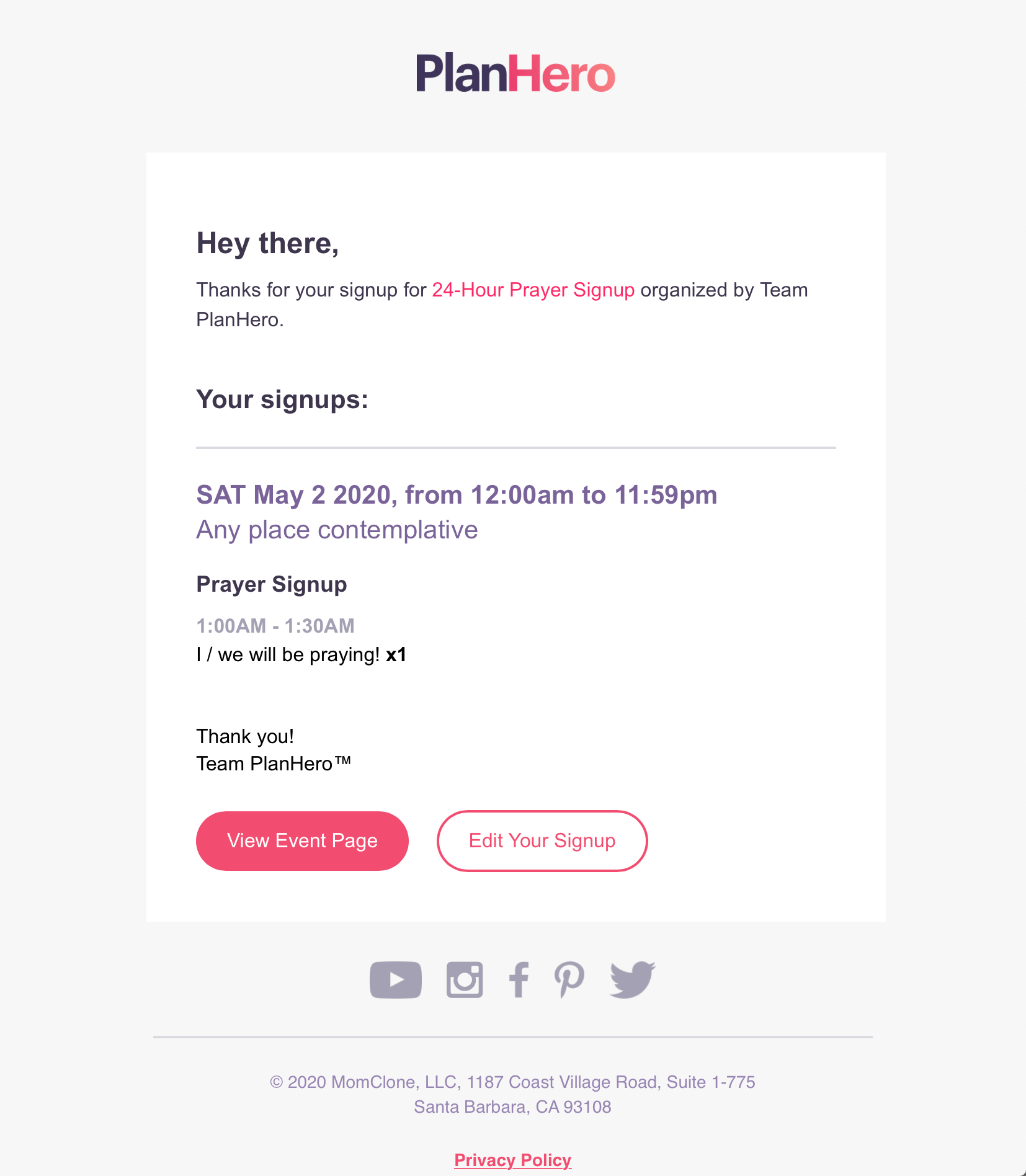 24 hour prayer signup email confirmation example
