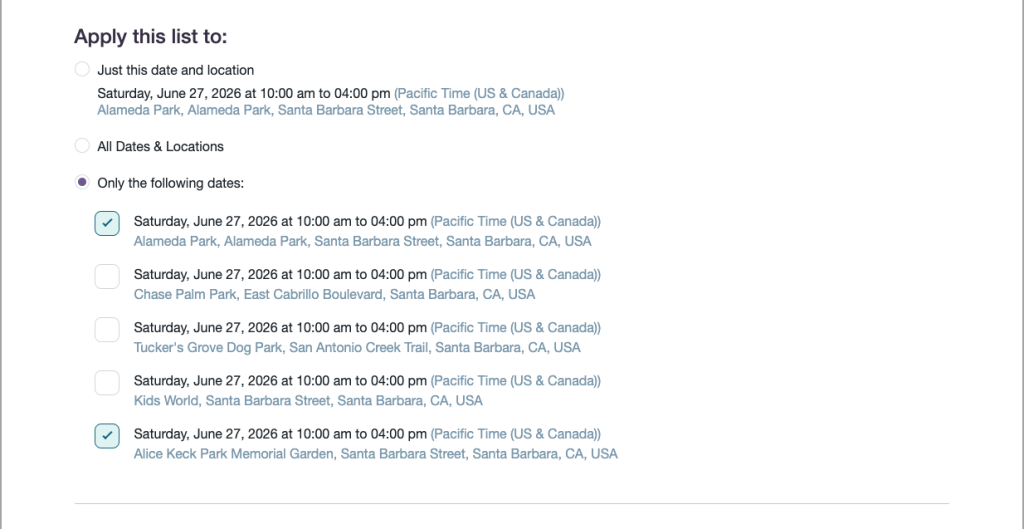 PlanHero apply list to specific dates and locations screen