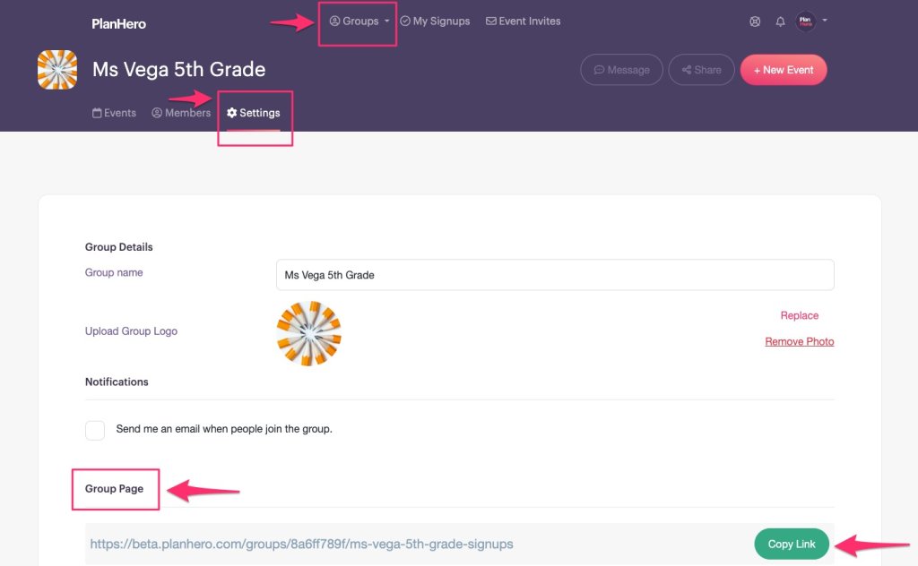 PlanHero Public Group Page link location on website