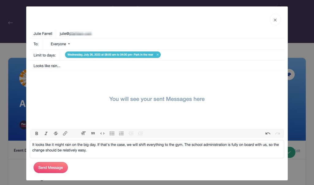example planhero message for a signup