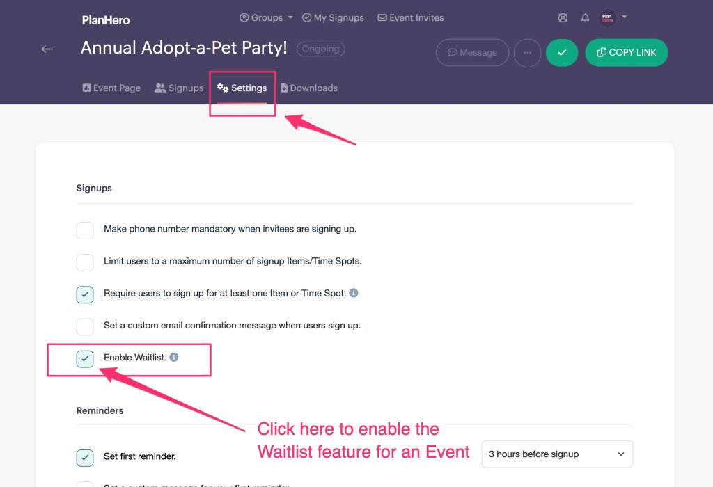 PlanHero waitlist feature for signups checkbox in event settings
