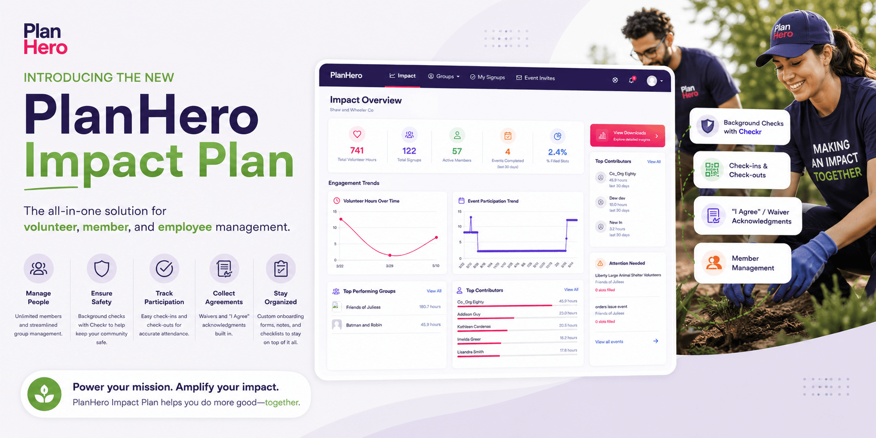 introduction of the PlanHero Impact Plan for Volunteer Management with dashboard and stats on it