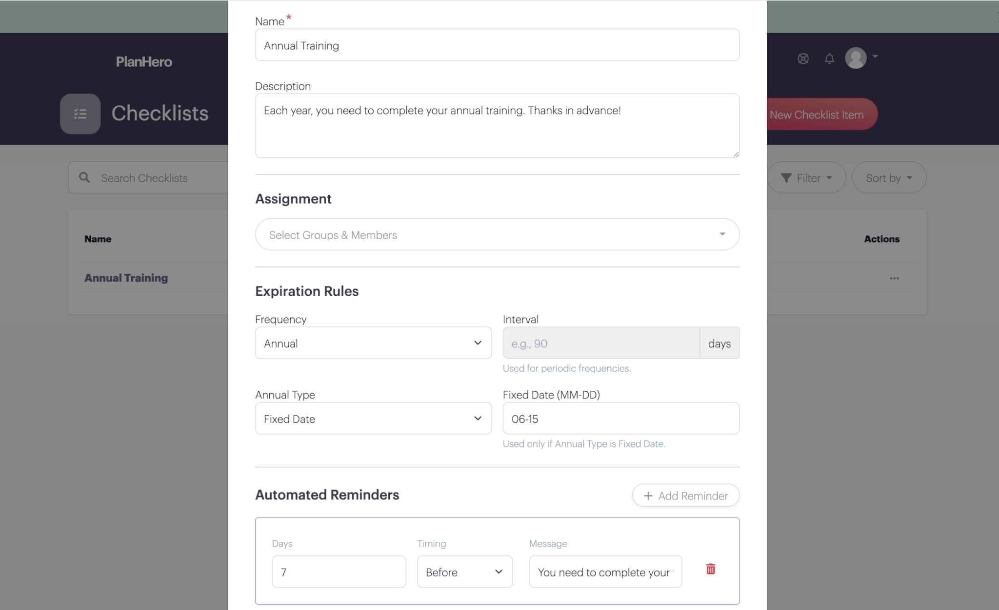 example of checklist for planhero volunteer management platform