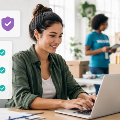 photo of happy volunteers and admin with volunteer onboarding features on the left
