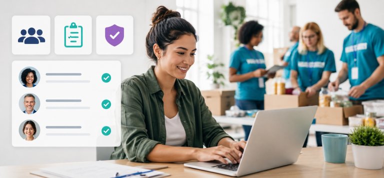 photo of happy volunteers and admin with volunteer onboarding features on the left
