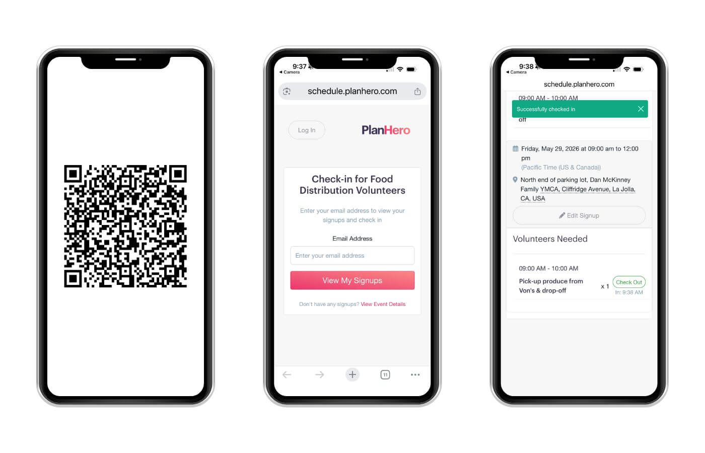 3 iphone profiles going from QR code to mobile check-in for a signup to a checked-in confirmation
