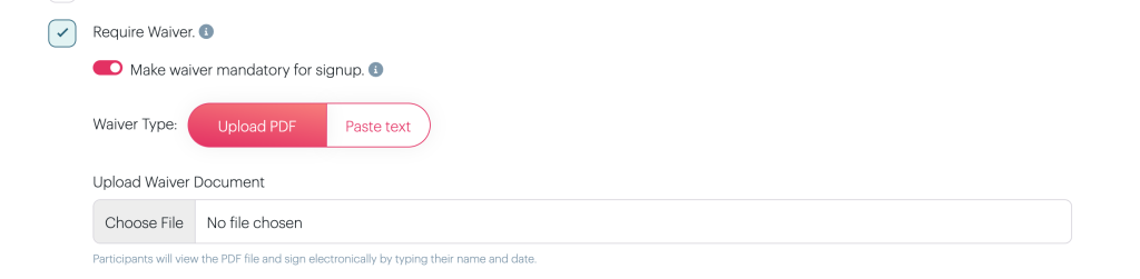 screenshot of planhero upload a waiver option for signups