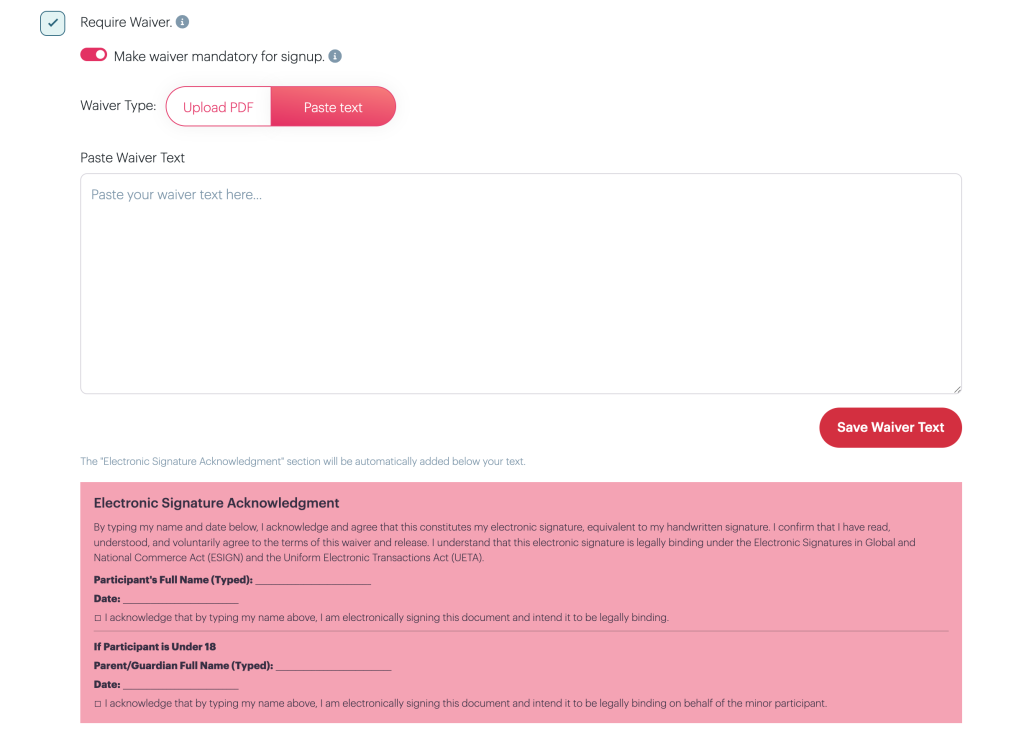 screenshot of planhero paste waiver text for the add a waiver option for signups