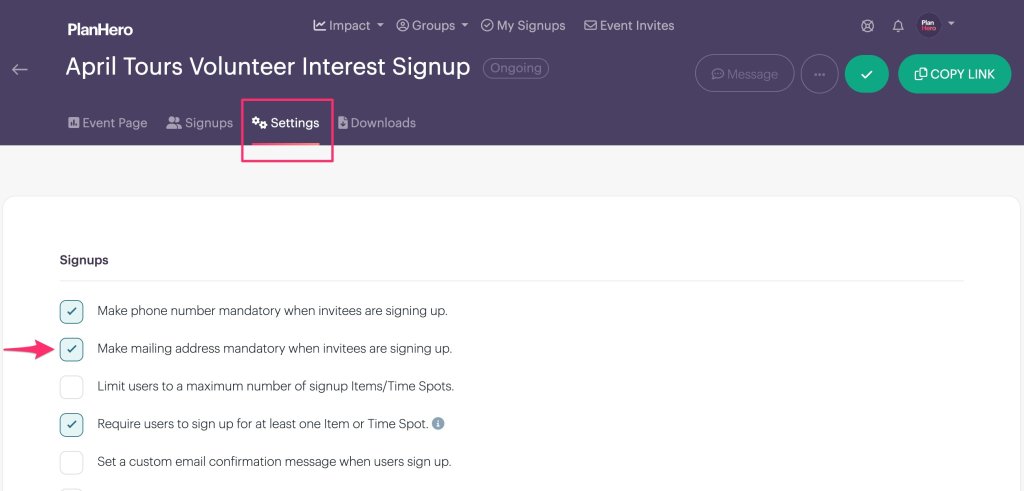 mandatory mailing addresses setting for a PlanHero Event