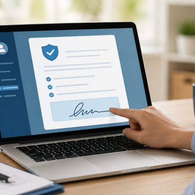 electronic waiver being signed with a finger on a computer