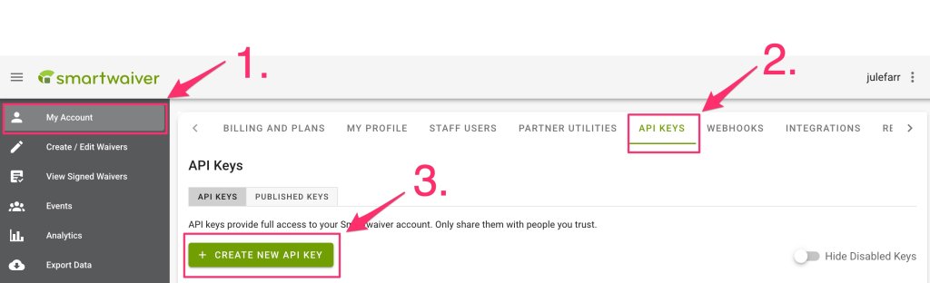 screenshot of smartwaiver dashboard with API tab selected for creating a new api key