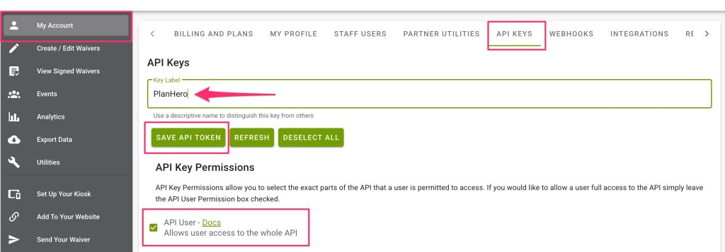 Smartwaiver API Key creation screen showing the PlanHero label and permissions