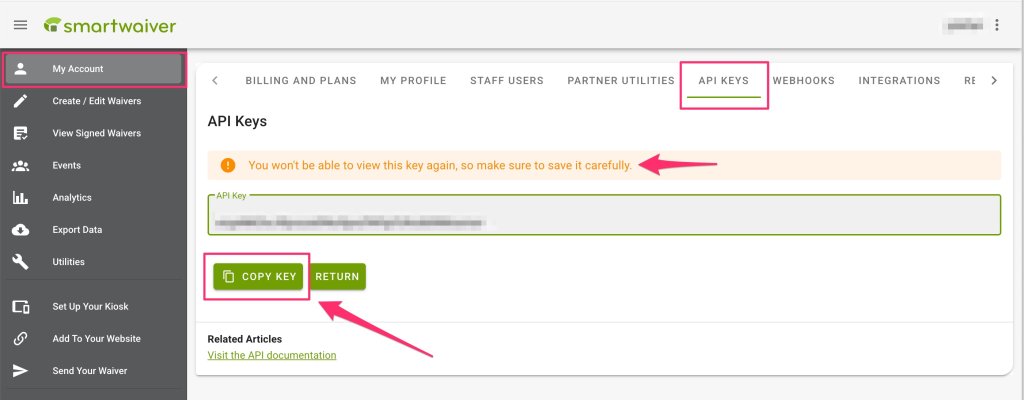 Smartwaiver API Key screen showing the Copy Key button