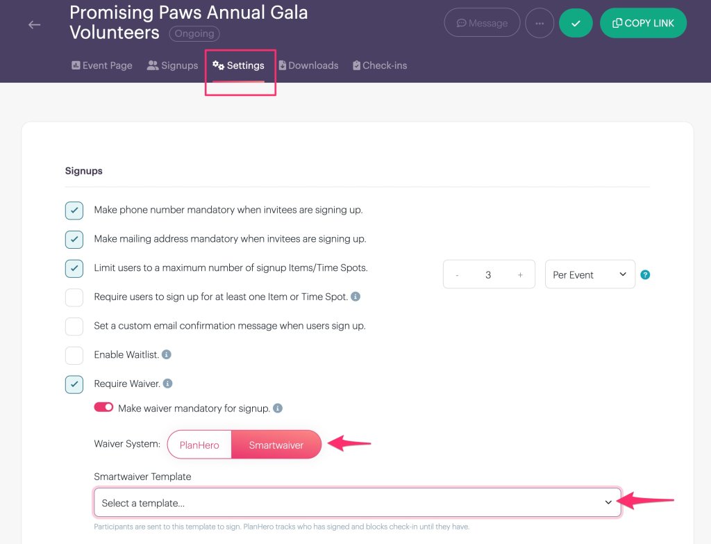 PlanHero Event Settings showing Require Waiver enabled