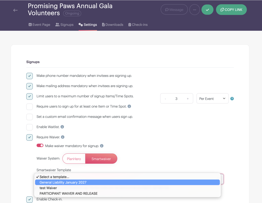 Smartwaiver Template dropdown showing available waivers