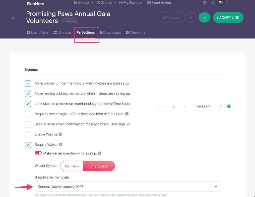 PlanHero signup confirmation page showing the Smartwaiver Agreement section