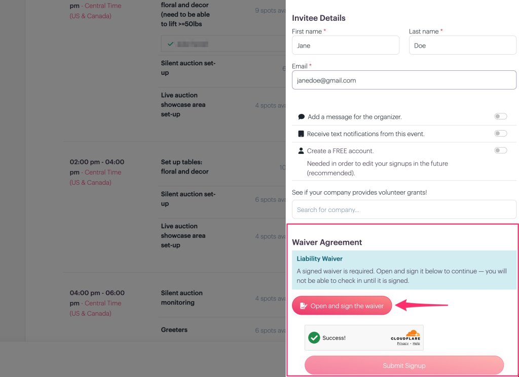 PlanHero signup confirmation page showing the Smartwaiver Agreement section
